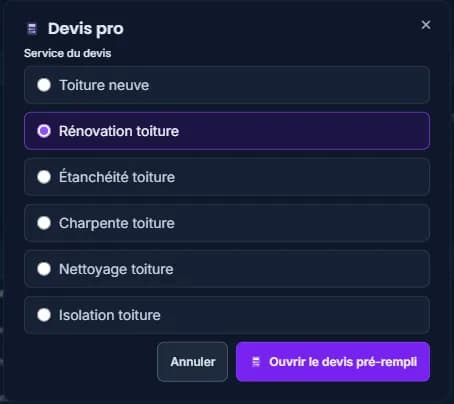 Fenêtre « Devis pro » : choix de la prestation pour créer un devis pré-rempli depuis le diagnostic