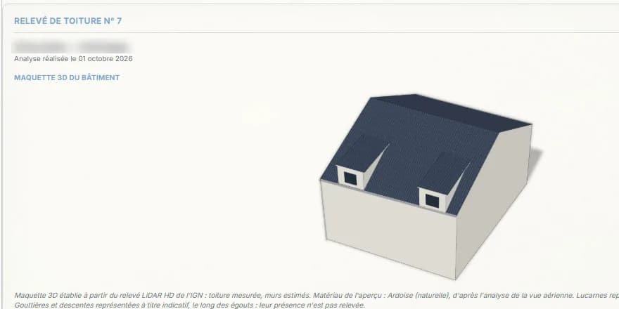Encart « Relevé de toiture » d'un devis, avec la maquette 3D du bâtiment