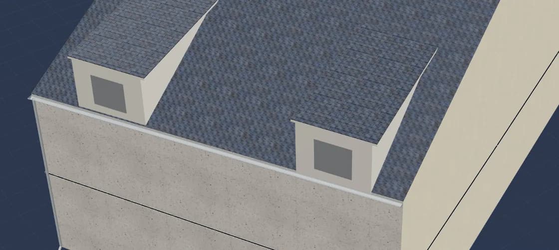 Gros plan de la maquette 3D : gouttière le long de l'égout, descente jusqu'au sol et deux lucarnes