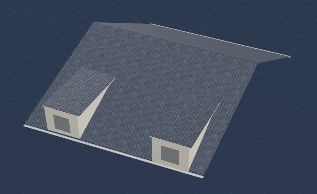Maquette 3D en vue toit seul : couverture en ardoise, deux lucarnes et gouttière