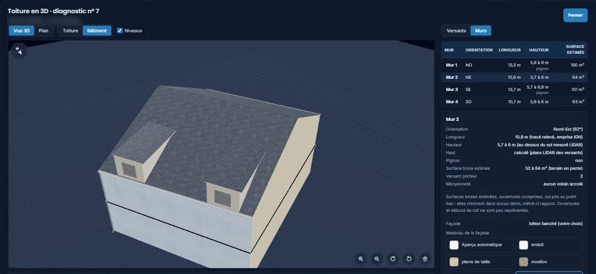 Vue 3D d'un diagnostic dans l'espace CouvrAppy : maison en mode Bâtiment, tableau des murs, fiche d'un mur et choix de la façade