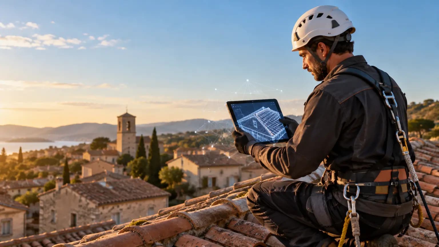 Couvreur sur un toit de tuiles consultant sur sa tablette la maquette 3D de la toiture, au coucher du soleil