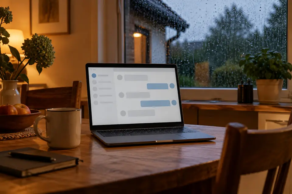 Ordinateur portable ouvert sur une conversation de chatbot, un soir de pluie, une gouttière visible derrière la fenêtre