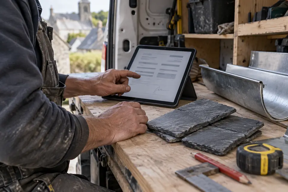 Couvreur préparant un devis sur tablette dans son utilitaire, à côté d'échantillons d'ardoise et de pièces de zinguerie