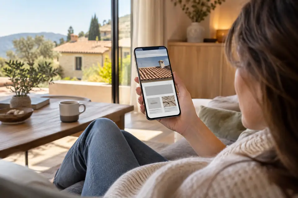 Particulière consultant sur son téléphone le site internet d'un couvreur, une maison au toit de tuiles visible par la fenêtre