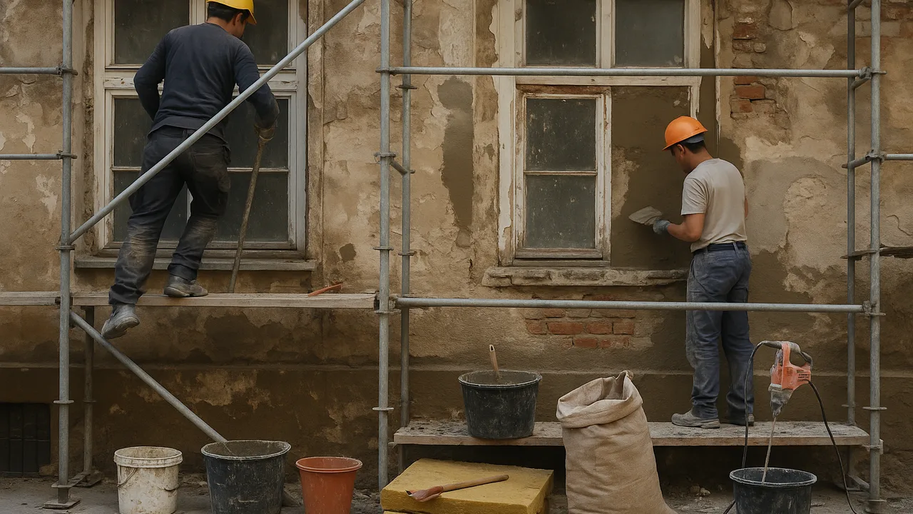 Rénovation de façade avec échafaudage et outils