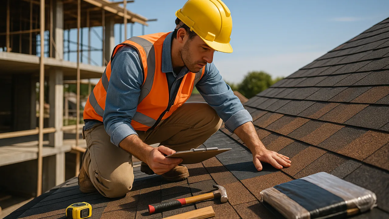 Ouvrier inspectant une toiture avec des outils