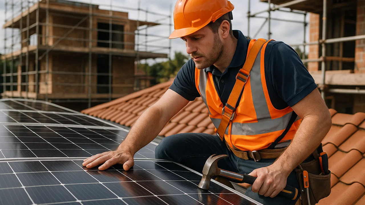 Artisan évaluant des panneaux solaires sur un toit