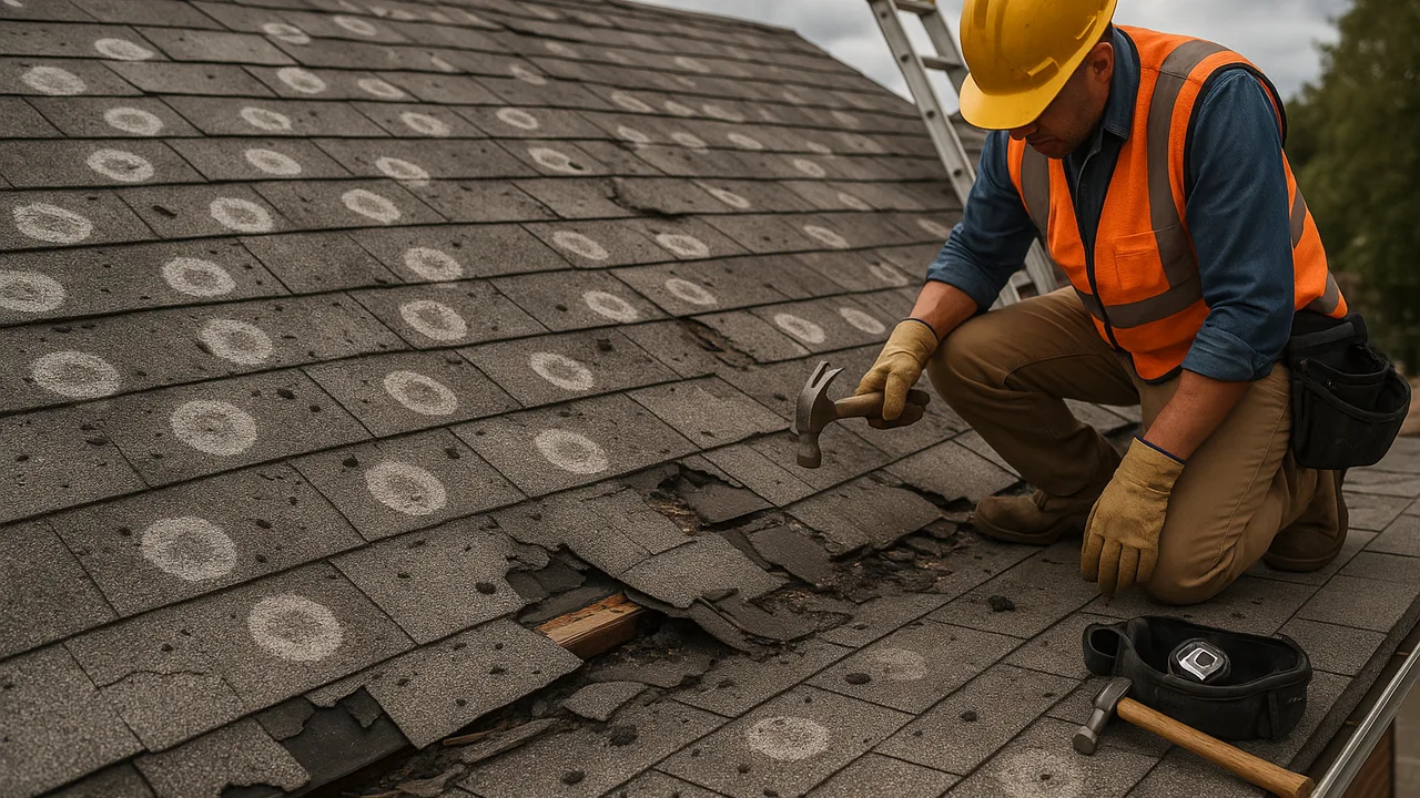 Toiture endommagée par grêle sur un chantier