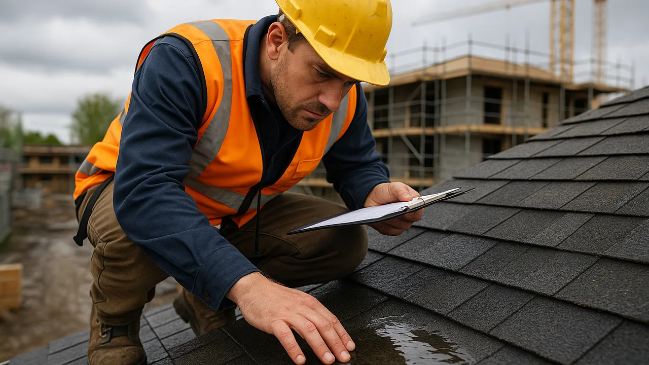 Artisan inspectant une toiture après des pluies