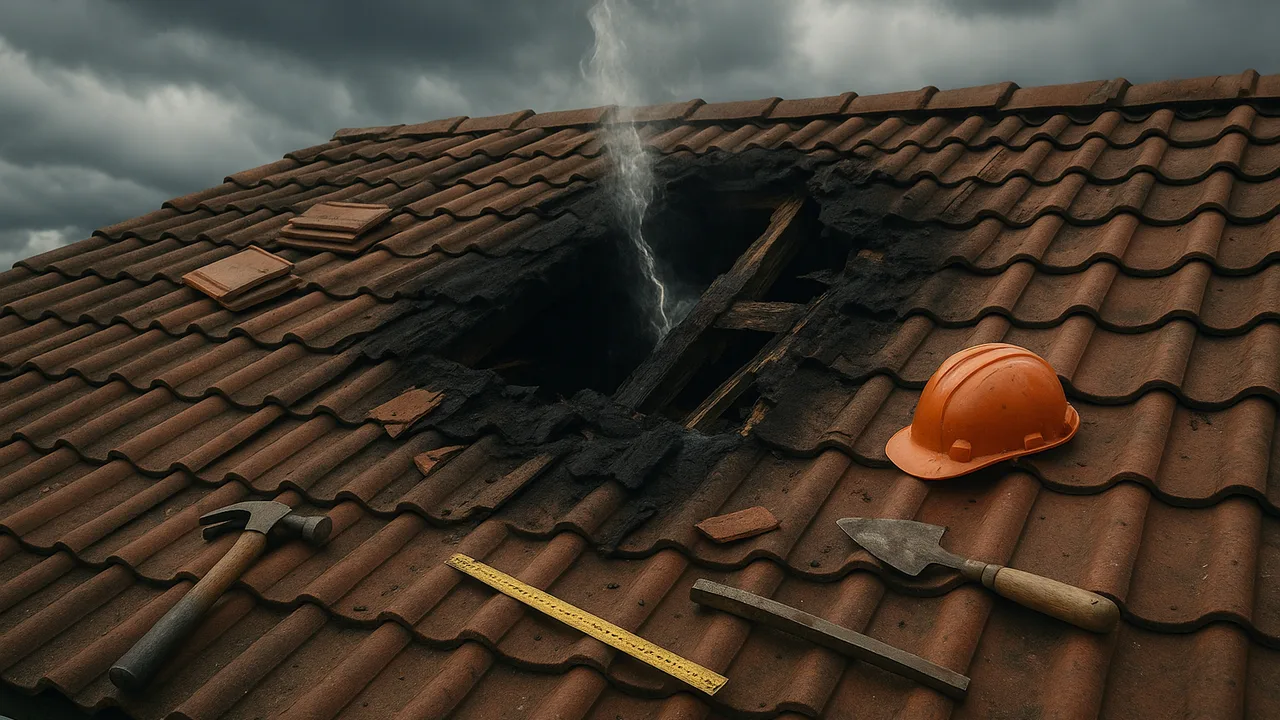 Toiture endommagée par la foudre avec outils de chantier