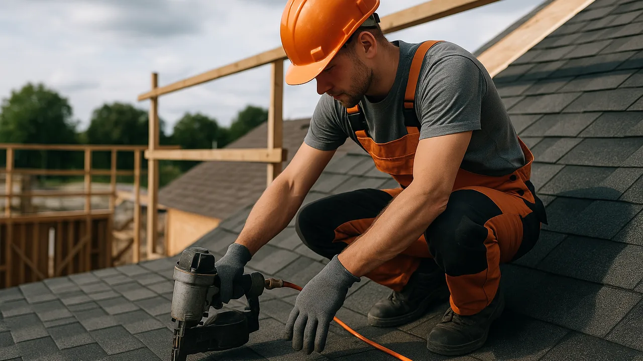 Couvreur travaillant sur un toit en chantier