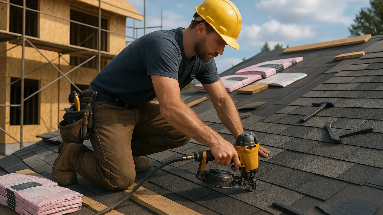 Couvreur travaillant sur un toit avec outils