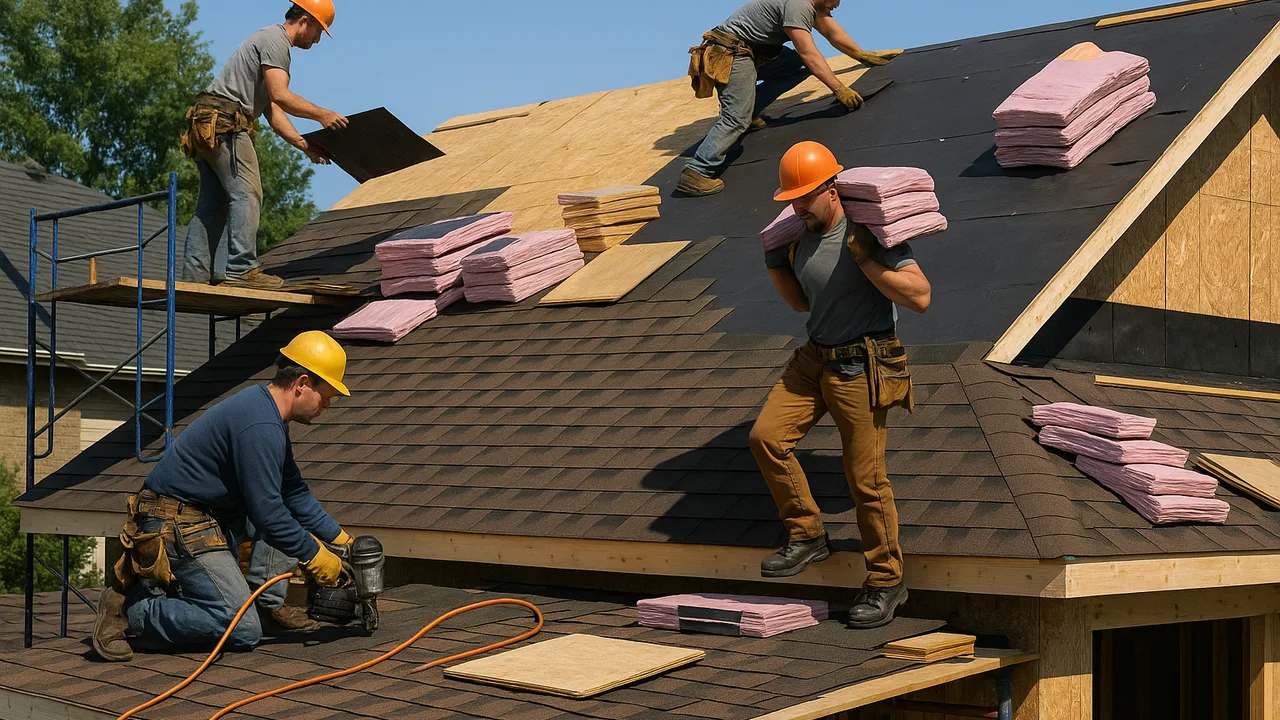 Chantier de couverture avec artisans et matériaux