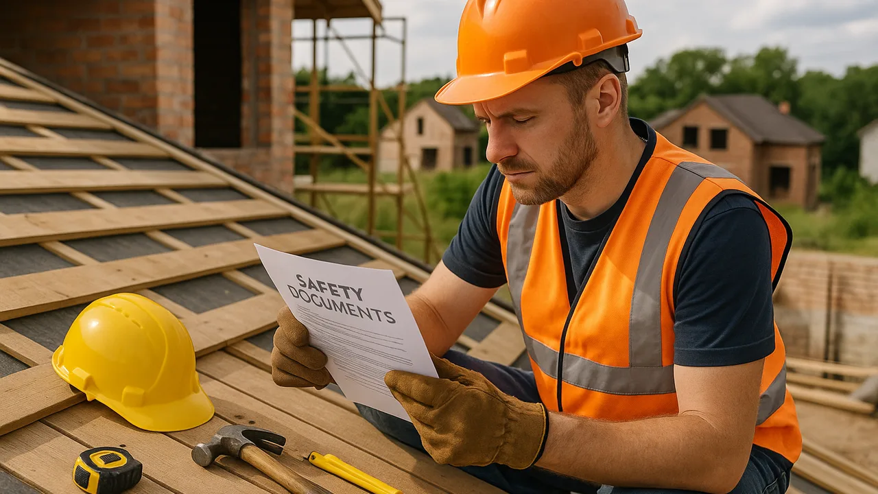 Couvreur consultant des documents de sécurité sur un chantier