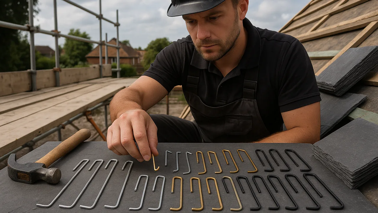 Roofer choosing slate hooks on site