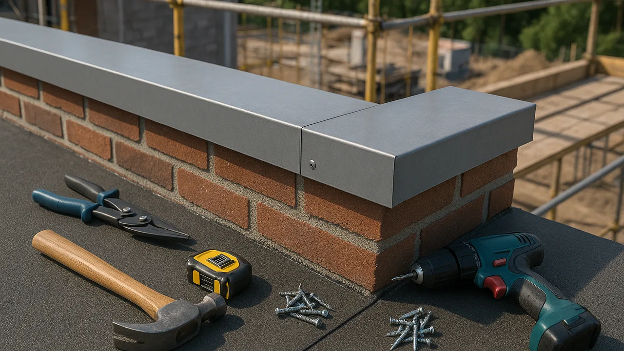 Pose de couvertine d'acrotère sur chantier