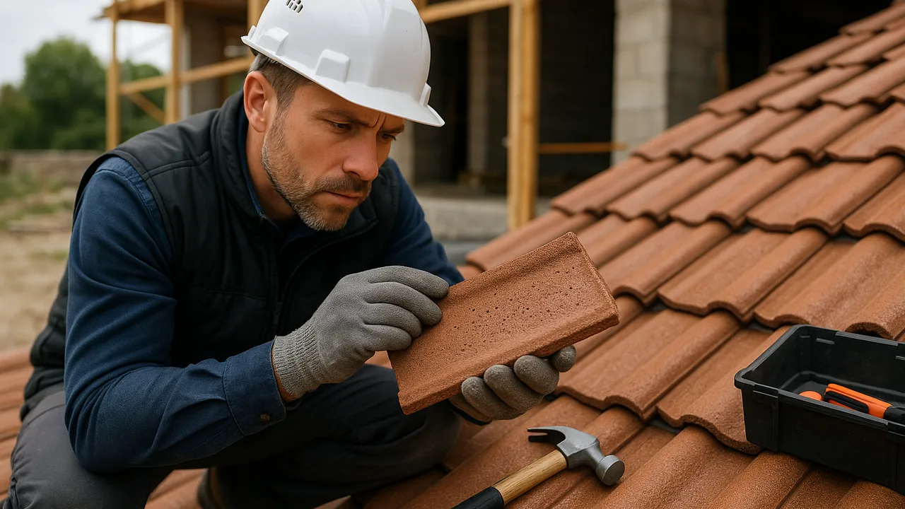 Roofer inspecting a porous roof tile on site