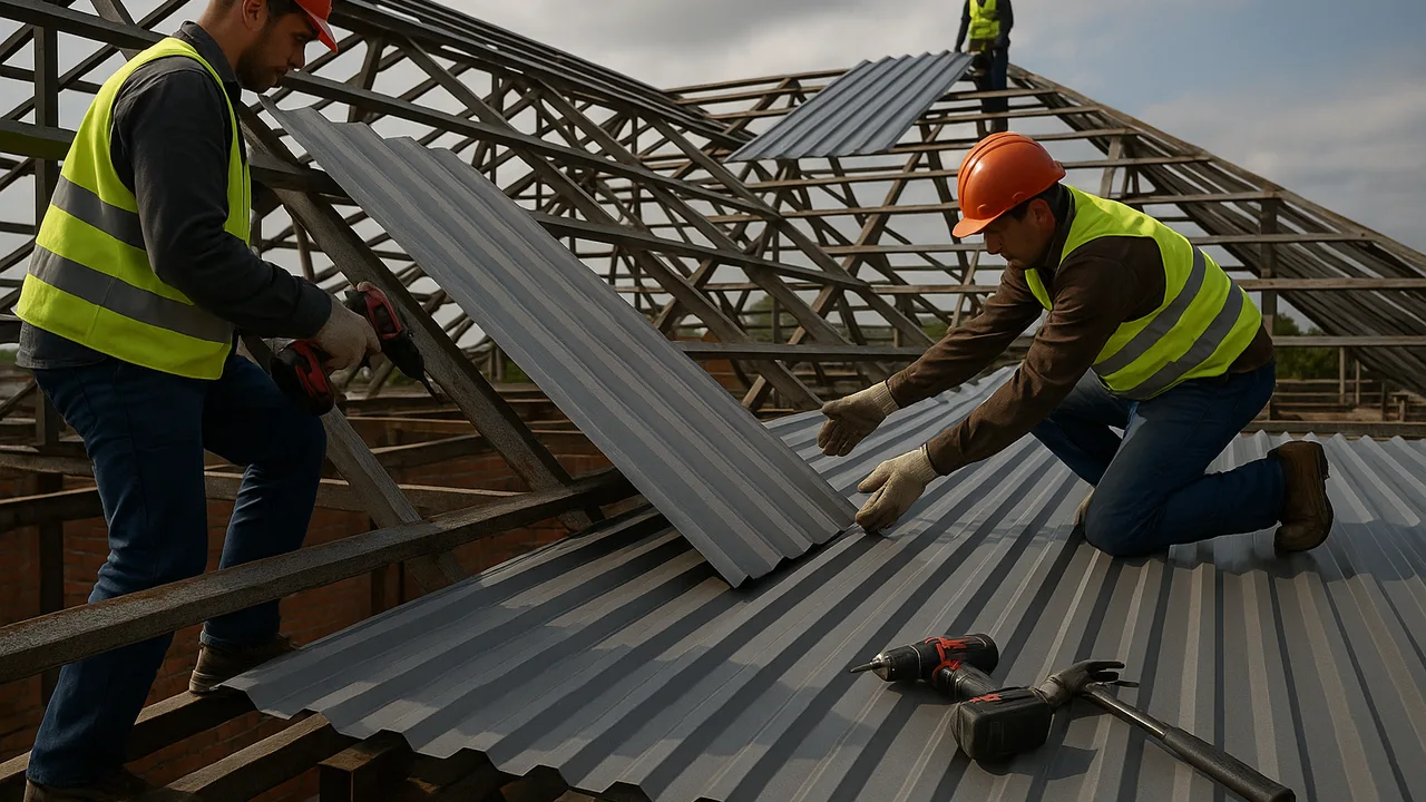 Installation d'une toiture en bac acier sur un chantier