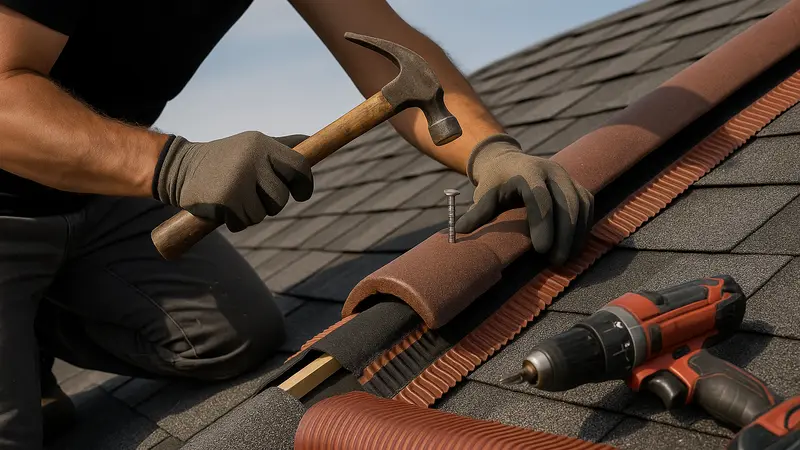 Roofer working on roof ridge installation