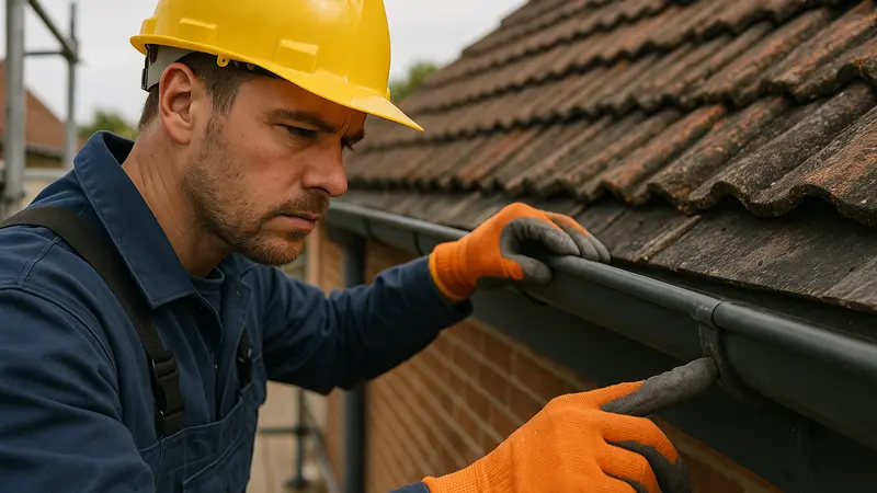 Inspection d'un chéneau de toiture sur un chantier