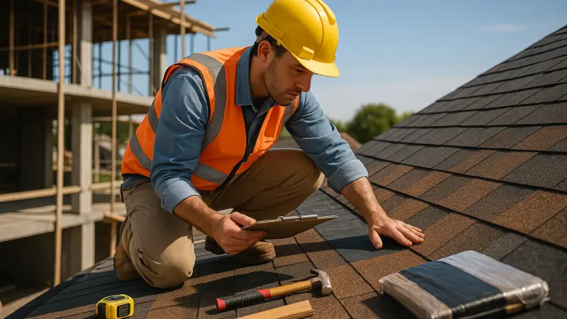 Ouvrier inspectant une toiture avec des outils