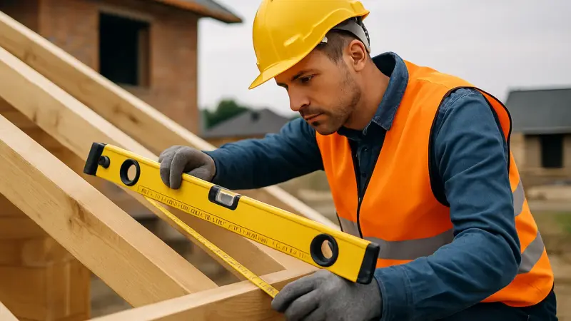 Artisan mesurant la pente d'une toiture sur un chantier