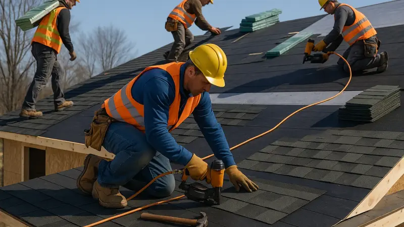Couvreurs travaillant sur un chantier de toiture