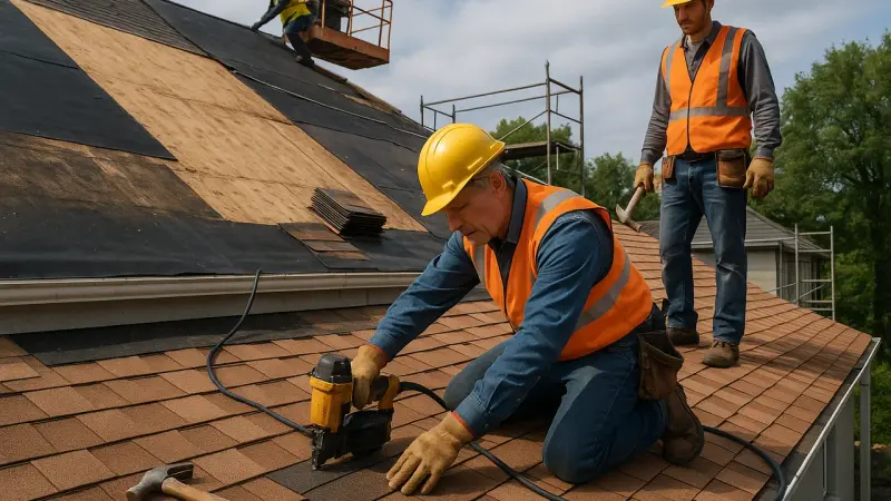Artisan réparant une toiture sur un chantier