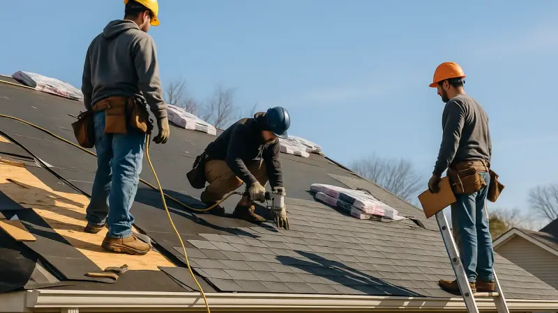 Couvreurs travaillant sur un chantier de toiture