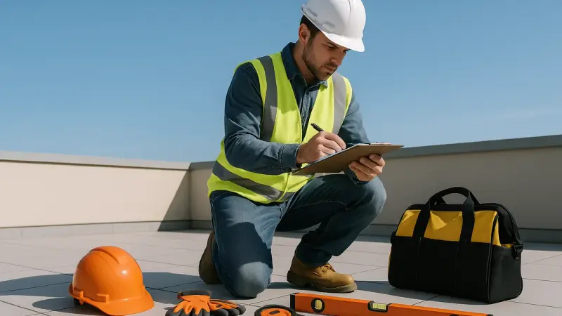 Artisan inspectant une toiture-terrasse avec outils de maintenance