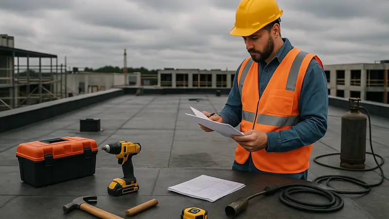 Artisan vérifiant des documents sur un chantier de toiture