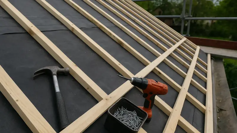 Installation de contre-lattage sur un toit en chantier