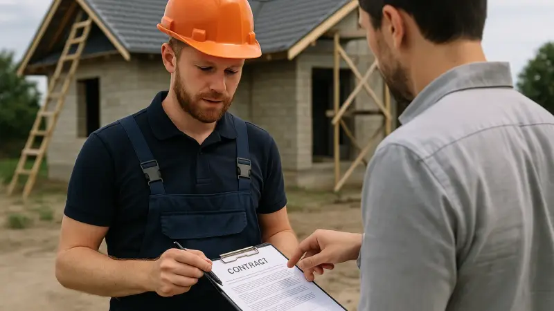 Roofer et client discutant sur un chantier