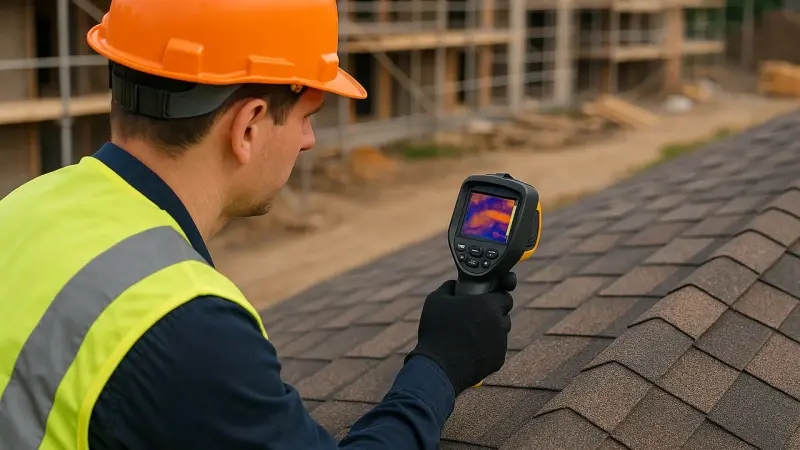 Artisan utilisant une caméra thermique sur une toiture