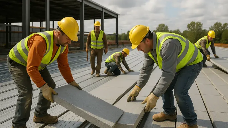 Artisans installant l'isolation de toiture sur un chantier