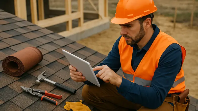 Couvreur utilisant une tablette pour diagnostic de toiture