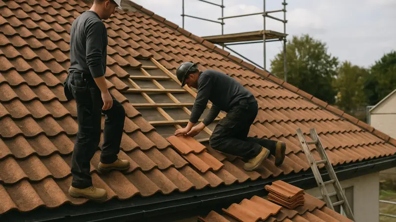 Artisans inspectant une toiture en tuiles sur un chantier