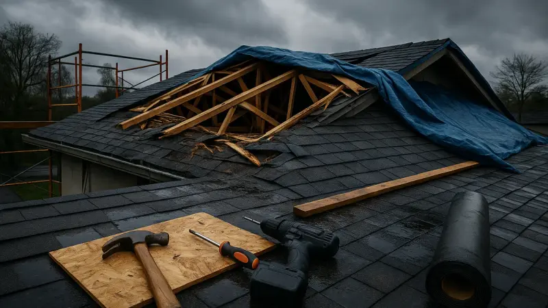 Toiture endommagée après tempête avec outils de réparation