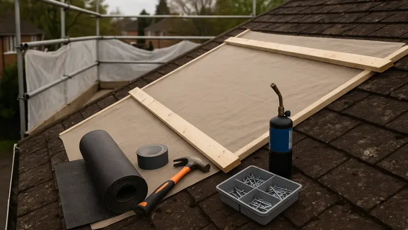 Réparation provisoire de fuite de toiture sur chantier