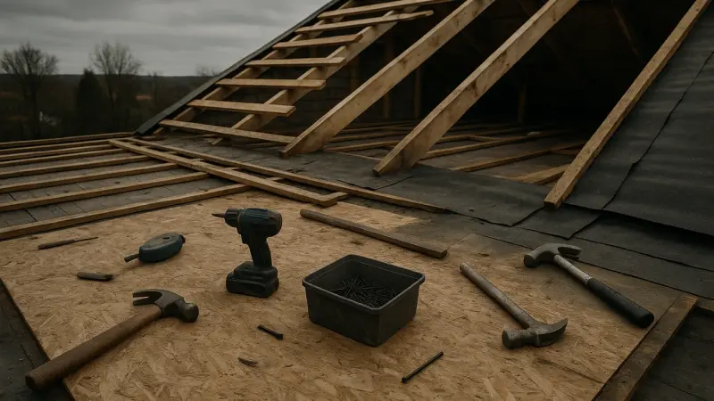 Chantier de toiture abandonné avec outils éparpillés