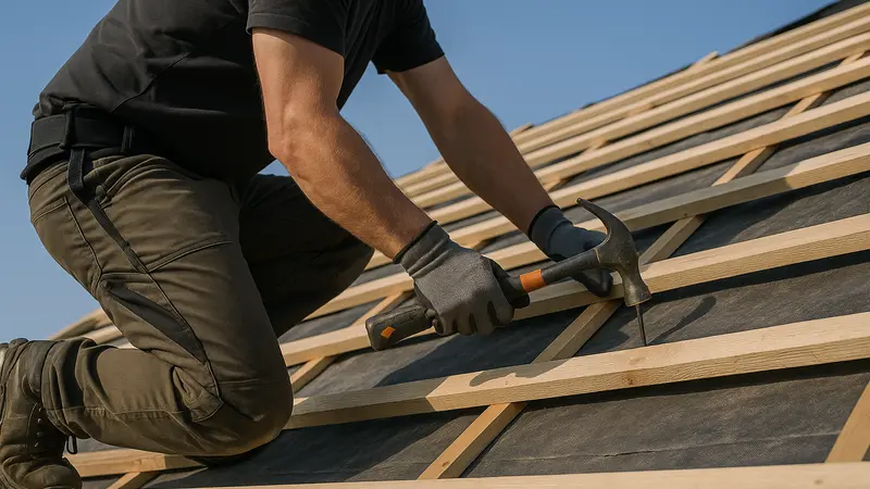 Roofer installing wooden battens on a roof