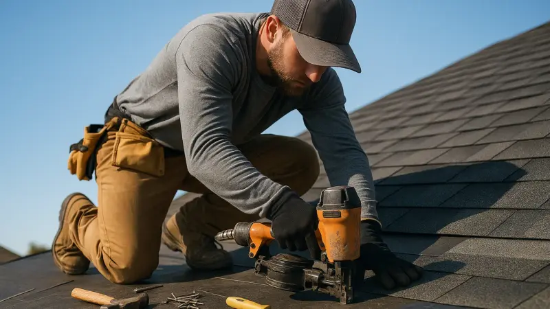 Couvreur travaillant sur un toit avec outils