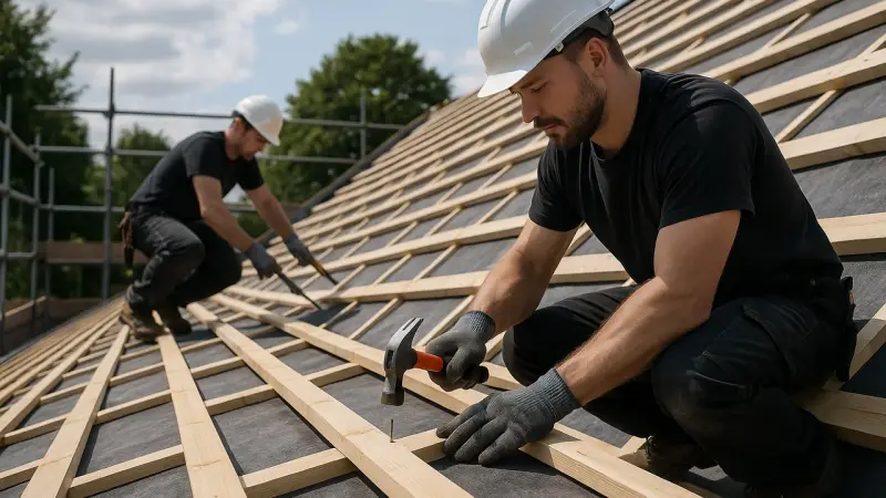 Installation de liteaux de toiture sur un chantier