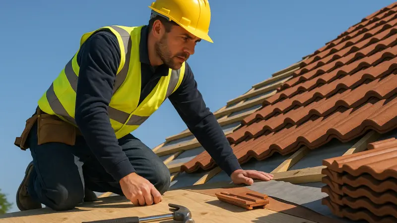 Artisan inspectant un toit en rénovation avec outils