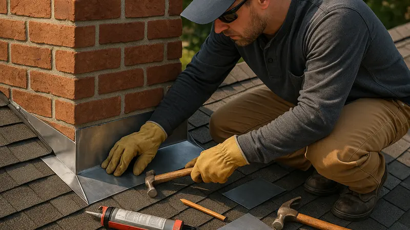 Roofer installing noquet near chimney