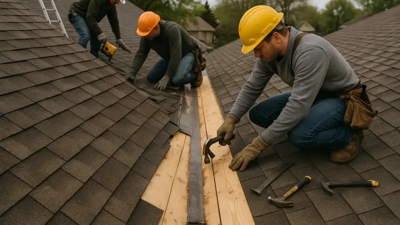 Artisans réparant une noue de toiture sur un chantier