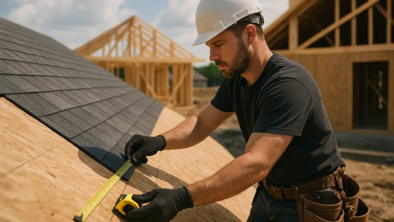 Artisan mesurant une toiture sur un chantier