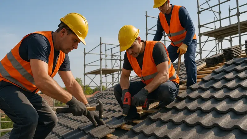 Chantier de toiture avec ouvriers et échafaudages