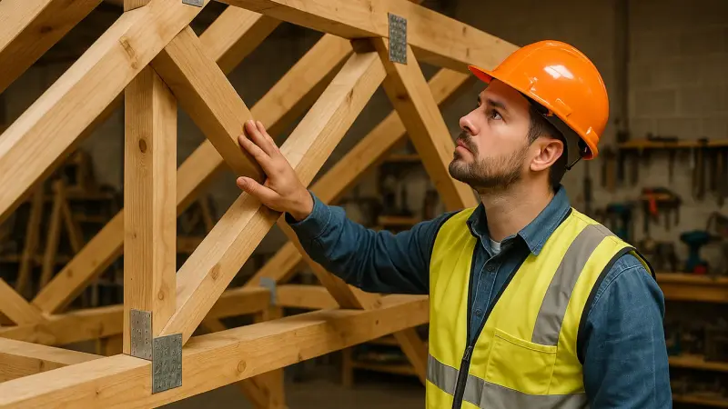 Artisan inspectant une charpente en bois